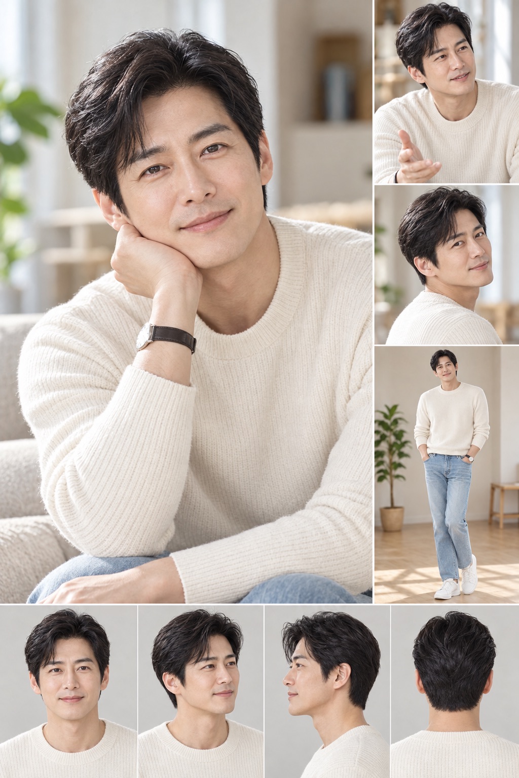 남성 캐릭터 시트: 짧은 검은 머리에 크림색 니트를 입은 40대 남성, 대표 컷과 표정 컷, 전신 컷, 정면·측면·뒷모습