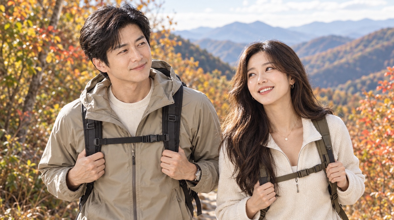 가을 단풍이 든 산길에서 배낭을 메고 나란히 걸으며 서로 바라보며 웃는 남녀
