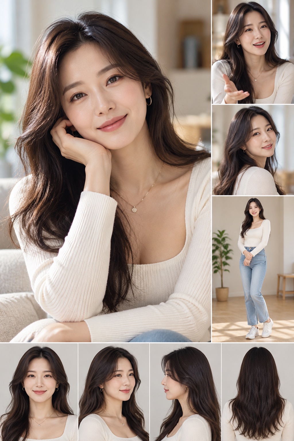 캐릭터 시트: 크림색 니트와 청바지를 입은 긴 웨이브 머리의 여성, 대표 컷과 표정 컷, 전신 컷, 정면·측면·뒷모습